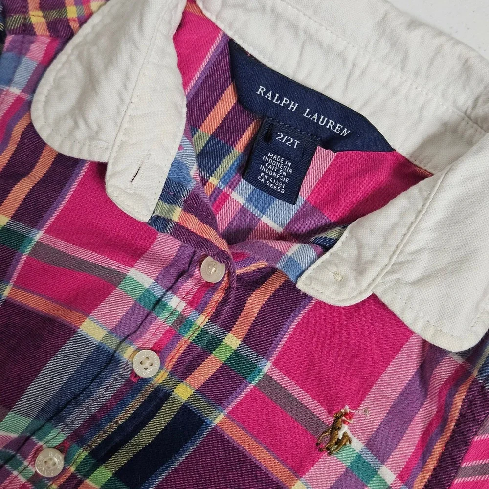 Ralph Lauren Dress Girls 2T Pink Tartan Plaid Peplum Long Sleeve Preppy Classic